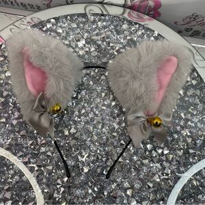 Faux Fur Cat Ear Headband with Pink Inner Ears and Gray Bows